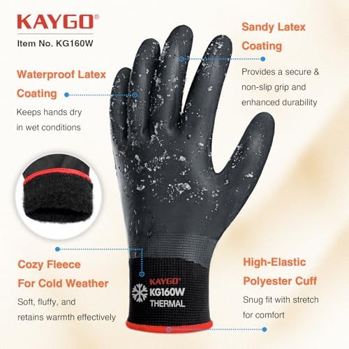 KAYGO Winter Work Gloves, Non-Slip Thermal Latex Coated | Warm & Lightweight, Excellent Grip for Freezer, Gardening, Cleaning, Washing Car,for Men & Women