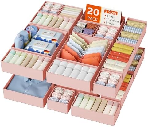 DIMJ Drawer Organizer Clothes, 20 Pack Dresser Organizer, Foldable Closet Organizers and Storage, Fabric Dresser Bins, Drawer Dividers for Nursery, Baby Clothes, Underwears, Sock (Pink)