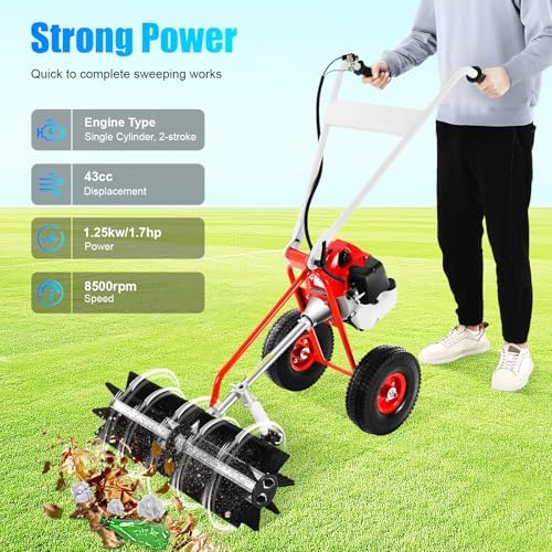 Handheld Lawn Sweeper, 43CC 1.7HP 2 Stroke Gas Power Push Sweeper Gasoline Walk Behind Snow Lawn Sweeper Brush Broom Sweeping Machine for Garden Yard Sidewalk Driveway Turf Grass Cleaning Tool