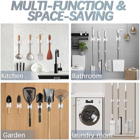 3-H 24-Pack Self Adhesive Broom Holder Wall Mount - Heavy Duty No Drill Broom Organizer for Garage Closet Kitchen, Plastic Storage Rack for Brooms Mops Tools, Peel and Stick Adhesive, White