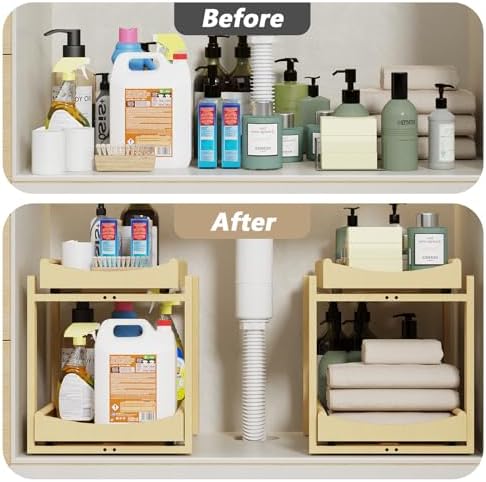 Bamboo Under Sink Organizer Adjustable Height 2 Tier Bathroom Organizer Pull Out Cabinet Storage Kitchen Heave Duty Wood Slide Ou Shelf for Kitchen Bathroom (Black, 2 Packs) (Nature, 2 Packs)