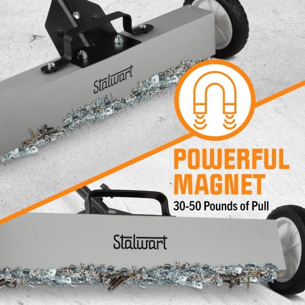Stalwart Magnetic Sweeper with Wheels - Rolling Nail Magnet Tool, 24-Inch | Magnetic Pickup Tool with Adjustable Handle and 30 to 50-Pound Capacity
