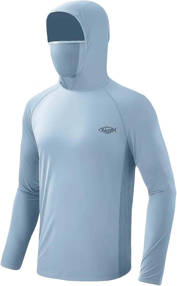 Palmyth Men's Fishing Hoodie UPF 50+ Long Sleeve with Face Mask Neck Gaiter | Zipper Pocket, Thumb Loops, Quick-Dry, Side Mesh Panels, Lens Cleaning Cloth