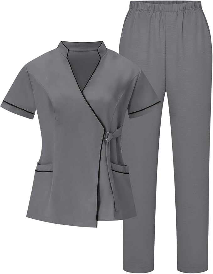 Housekeeping Uniforms for Women Hotel Cleaning Nurse Scrub Sets Stretch Wrap V-Neck Short Sleeve Top and Pants