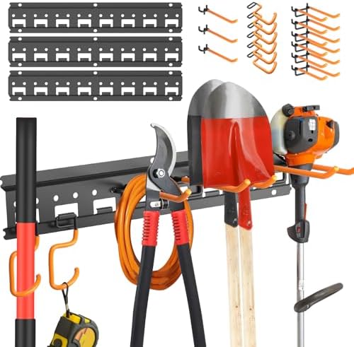 Garden Tool Organizer Wall Mount - Garage Storage and Organization Yard Tool Hanger with Adjustable Pegboard Hooks Shed Rack for Broom Mop Shovel Rake Trimmers, 48 inch Max 550lbs, Black