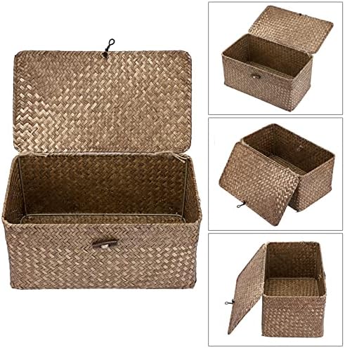 Sumnacon Wicker Basket with Lid,Tampon Holder for Bathroom,Coffee,Medium | Natural Seagrass Female Product Organizer for Toiletries Pad Tampon Storage,Farmhouse Woven Baskets for Shelf, Toilet Tank