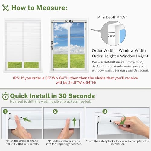 MiLin Cordless Cellular Shades No Tools No Drill Blinds for Windows Shades for Indoor Windows Magnetic Door Blinds - Light Filtering White