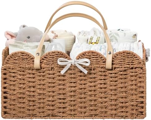 HBlife Large Baby Diaper Caddy, Paper Rope Storage Baskets Nursery Bin with Removable Divider, Portable Car Organizer for Diapers, Baby Shower Gifts, Newborn Essentials Must Haves