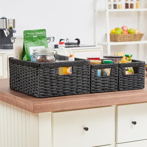 Vagusicc Wicker Storage Basket, Set of 3 Wicker Basket, Hand-Woven Paper Rope Storage Baskets for Organizing, Large Cube Storage Organizer Bins Baskets for Shelves Small Toilet Paper Baskets, Black
