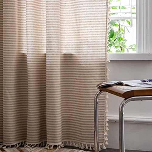 Sutuo Home Boho Curtain 84 Inches Length, Beige Stripes Print Curtain with Handmade Tassels, Rod Pocket Window Treatment Vintage Rustic Bohemian Farmhouse Drape for Bedroom 1 Panel 59" W x 84" L