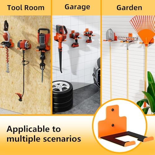 Wall-Mounted Weed Wacker Hanger, Garage Tool Organizer, 1 Pack Orange | Heavy-Duty Metal Hanger Rack for Drywall Brick Wood, Holds String Trimmers Edgers Pole Saws and Long Handle Garden Tools