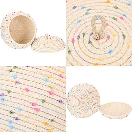 Sea Team Round Woven Cotton Rope Storage Basket with Lid, Rainbow | Decorative Colorful Pompom Knitted Storage Bin, Pot, Caddy, Organizer, Container for Snacks, Towels, Plants, 10 x 7.5 Inches