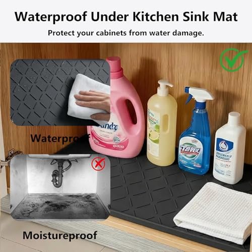 Mateeylife Under Sink Mat Kitchen Waterproof, Silicone Sink Tray 28"X19" | Under Sink Organizer Cabinet Shelf Protective Liner, Multi-use Silicone Mat for Boot Tray & Litter Mat, Classic Black