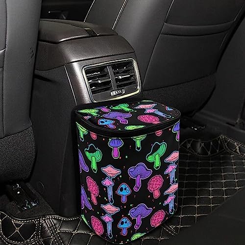 Rainbow Trippy Mushroom Print Car Trash Can with Lid and Zipper Portable Foldable Garbage Can Bag Hanging for Headrest Leakproof Organizer and Storage Bag Retro Car Interior Accessories