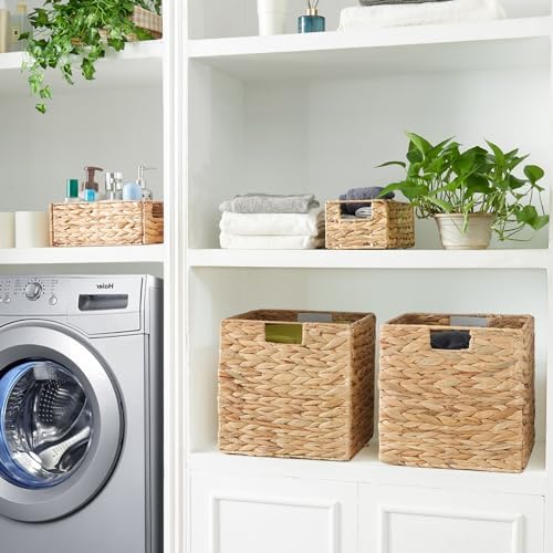 Vagusicc Storage Basket, Set of 2 Hand-woven Water Hyacinth Storage Baskets, Foldable Wicker Storage Basket 13 Inch Cube Storage Bins for Shelves Organizer Square Shelf Baskets, 13''x13''x13''