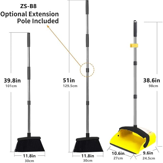 2-Pack is More economical，Brooms with Dustpan Combo Set，with 52" Long Handle, Dustpan Teeth with self-Cleaning Function, Indoor and Outdoor Sweeping, Perfect for Home Office (Large/Yellow /2-Pack)
