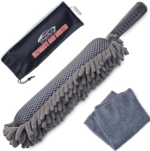 TAKAVU Car Duster Interior, Double-Sided Microfiber, Comfort Handle | Lint & Scratch-Free Cleaning for Trucks, RVs & Vehicles, Includes Microfiber Towel & Storage Bag, Soft