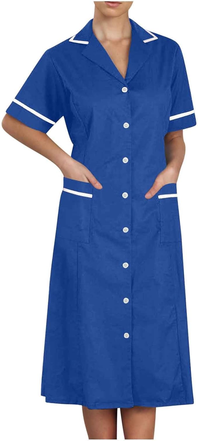 Women's Short Sleeve Work Dress Lapel Button Front Nursing Workwear Casual Housekeeping Scrubs Dress with Pockets