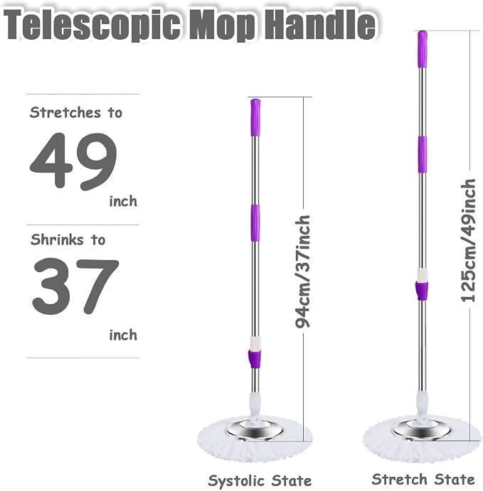 Spin Mop Replacement Mop Handle, 49-inch 360 Degrees Rotating Telescopic Replacement Mop Stick with Stainless Steel Disc for Spin Mop Bucket Cleaning System (Stainless Steel Disc, Red)