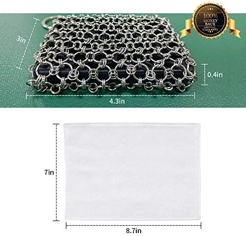 Herda 316L Cast Iron Scrubber Cleaner, Large Chainmail Cast Iron Cleaner | Honeycomb Silicone Insert,Flexible,Stainless Steel Chain Mail Metal Sponge Scrub Skillets,Oven,Flat Top,Grill Pan Pot Brush