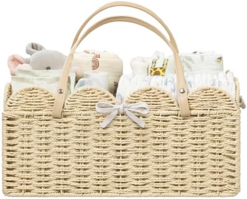 HBlife Baby Diaper Caddy, Paper Rope Storage Baskets Nursery Bin with Removable Divider, Portable Car Organizer for Diapers, Baby Shower Gifts, Newborn Essentials Must Haves