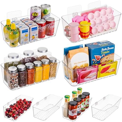 8-Pack Adhesive Pantry Organizers and Storage, Large Cabinet Door Organizer | 11.4" Long, Space Saving, Drain Bottom, Clear Plastic Storage Bins for Kitchen, Bathroom, Refrigerator, Countertop,Under Sink