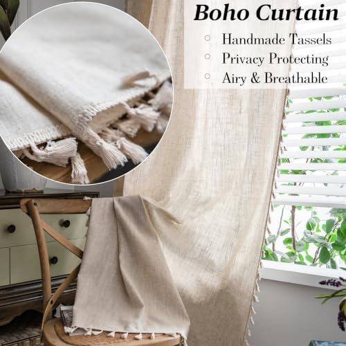 Sutuo Home Boho Linen Curtains 84 Inches Long for Bedroom Living Room,59" W | Light Filtering Natural Linen Look Textured Burlap,Vintage Chic Bohemian Handmade Tassels Window Treatment,Rod Pocket,1 Panel