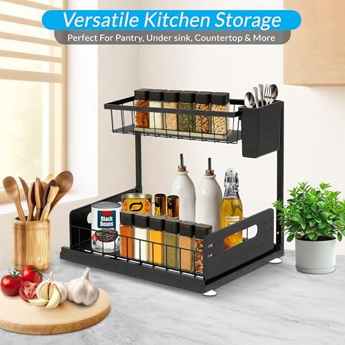 2 Pack Under Sink Organizer, Heavy Duty 2 Tier Slide-Out Storage, Space Saving Cabinet Organizer for Bathroom & Kitchen, Metal Shelf with Brush Holder, Black