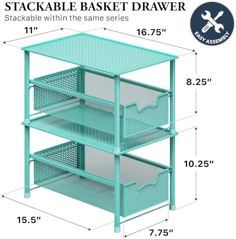 Simple Houseware Stackable Under Sink Sliding Basket Drawer, Turquoise | Perforated Free Standing Organizer, Kitchen/Pantry/Cabinet/Counter