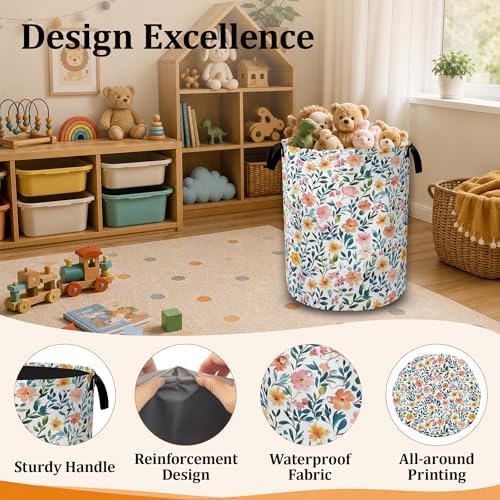 Vibrant Summer Floral Laundry Basket with Handles, Waterproof Foldable Laundry Hamper, Large Capacity Oxford Cloth Clothes Storage Basket for Bathroom Bedroom Dorm