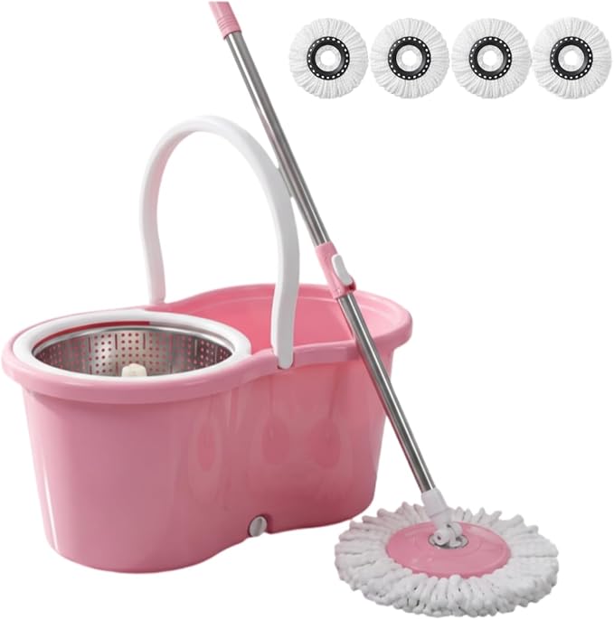 Spin Mop and Bucket Floor Cleaning System with 4 Refills,Pink | Stainless Steel Basket, Hands-Free Wringing, 360° Rotating Head, Adjustable Handle, Machine Washable Refills