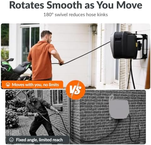 Giraffe Tools 65 FT Retractable Wall Mount Pressure Washer G20B, 2500 PSI | 2.2 GPM, Automatic Rewind with 180° Swivel Bracket, 5 Nozzles, Foam Cannon for Car, Fences and Patio Cleaning, Dark Silver