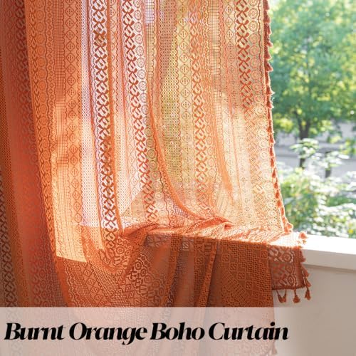 Sutuo Home Burnt Orange Boho Curtains 84 inches Long for Bedroom Living Room, Terracotta Crochet Lace Sheer Bohemian Hollow Knitted Tassels,Window Treatment Drapes Fall Decor, 1 Panel 59" W x 84" L