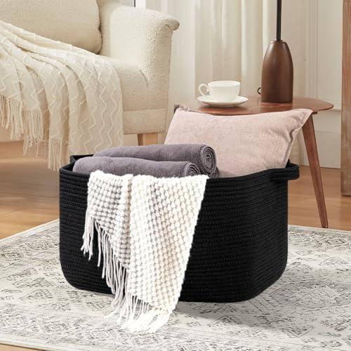 OIASKET Large Blanket Basket, Black Blanket Storage Living Room, Rectangle Woven Baskets for Storage Toys, Towels, Dirty Clothes Organizer Bins (Black)