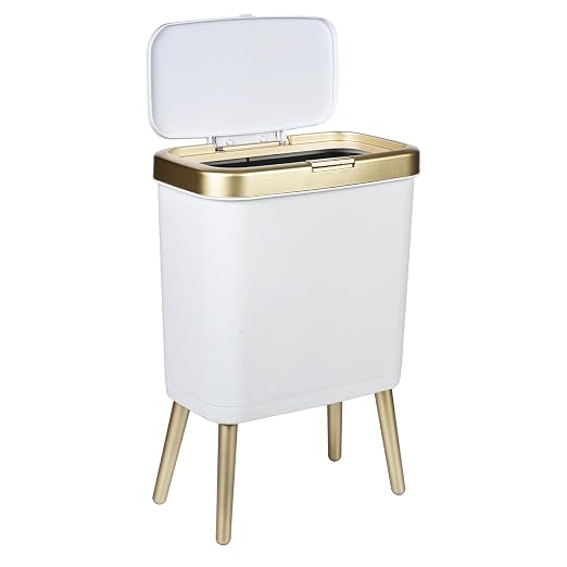 Bathroom Trash Can with Lid, 4 Gallon Modern Garbage Can with Removable Legs, Plastic Garbage Bin, Slim White and Gold Trashcans for Bedroom, Living Room, Office, Kitchen