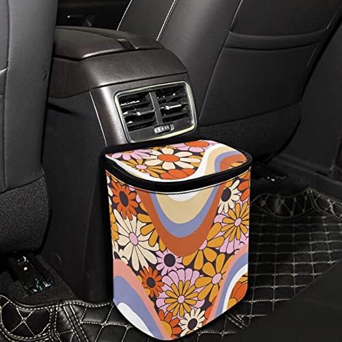 Abstract Groovy Hippie Daisy 70S 80S Wavy Swirl Pattern Car Trash Can with Lid and Zipper Portable Garbage Can Bags Vehicle Decorations for Women Trash Bin Hanging Back of Seat,Multicolor