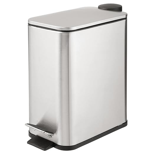 mDesign Slim Metal Rectangle 1.3 Gallon/5 Liter Trash Can with Step Pedal, Easy-Close Lid, Removable Liner - Narrow Wastebasket Garbage Container Bin for Bathroom, Bedroom - Brushed Stainless Steel