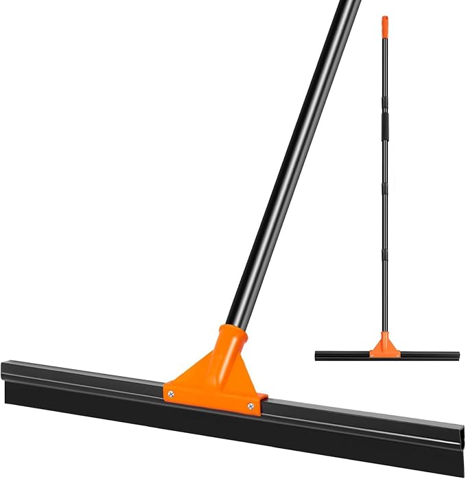 BUVE 18" Heavy Duty Floor Squeegee for Concrete Water Removal | Double-layer Rubber Wiper Broom|60" Long Metal Handle for Concrete Tile Garage Deck Bathroom Kitchen Pool|Orange