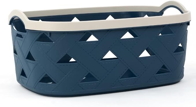 Large Plastic Storage Basket with Handles – Blue & Cream Decorative Bin for Bathroom, Kitchen, or Living Room – Designer Leather Pattern Organizer Basket, 10.6L