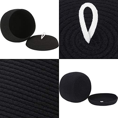 Sea Team Round Woven Cotton Rope Storage Basket with Lid, Black, 2-Pack | Lidded Knitted Decorative Storage Bin, Pot, Caddy, Organizer, Container for Snacks, Towels, Plants, 10 x 7.5 Inches