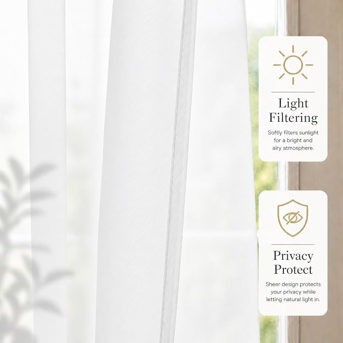 Aquazolax Pure White Sheer Window Treatments for French Door, Rod Pocket Light Filtering Curtain Panel Set of 2 for Privacy/Room Divider - W54 x L72