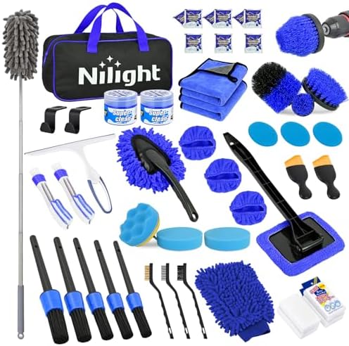 Nilight 52PCS Car Detailing Kit for Interior Exterior Car Care, Blue | car wash auto cleaning Tools with storage bag, Deep Clean Polish Car Care Windshield Dashboard Seat Air Vents Wheels Tires