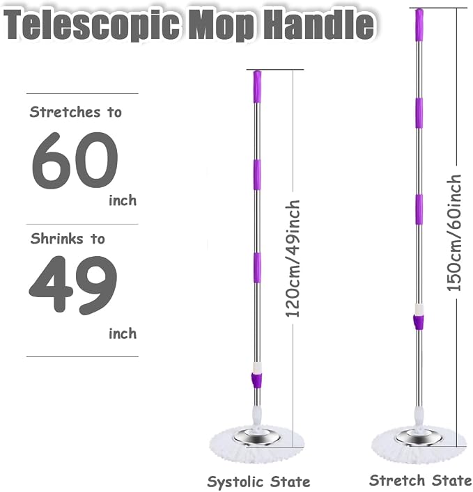 Extended Spin Mop Replacement Mop Handle, Upgraded 60-inch 360 Degrees Rotating Telescopic Replacement Mop Stick for Spin Mop Bucket Cleaning System (Stainless Steel Disc, Khaki)