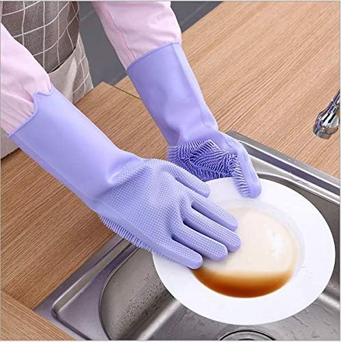 Silicone Dishwashing Gloves, Pet Grooming Rubber Scrubbing for Dishes, Sponge Wash Cleaning with Scrubbers (13.6" L)