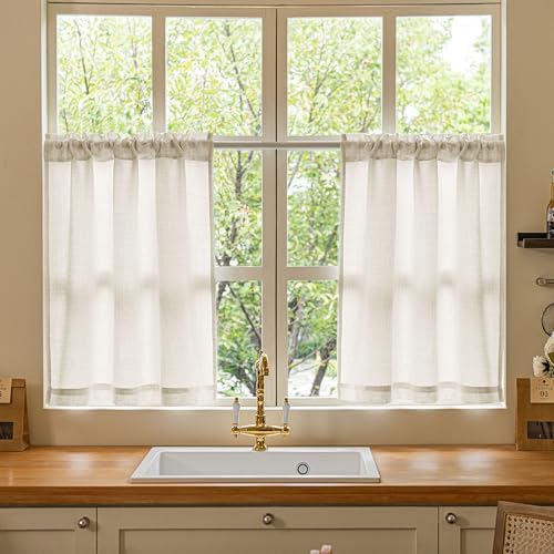 24 Inch Laundry Room Basement Window Curtains 2 Panels Natural Linen | Rod Pocket, Semi Sheer Light Filtering Drapes, for Farmhouse, Cafe Bathroom, Short Curtains, 24 Inches Long, W34xL24