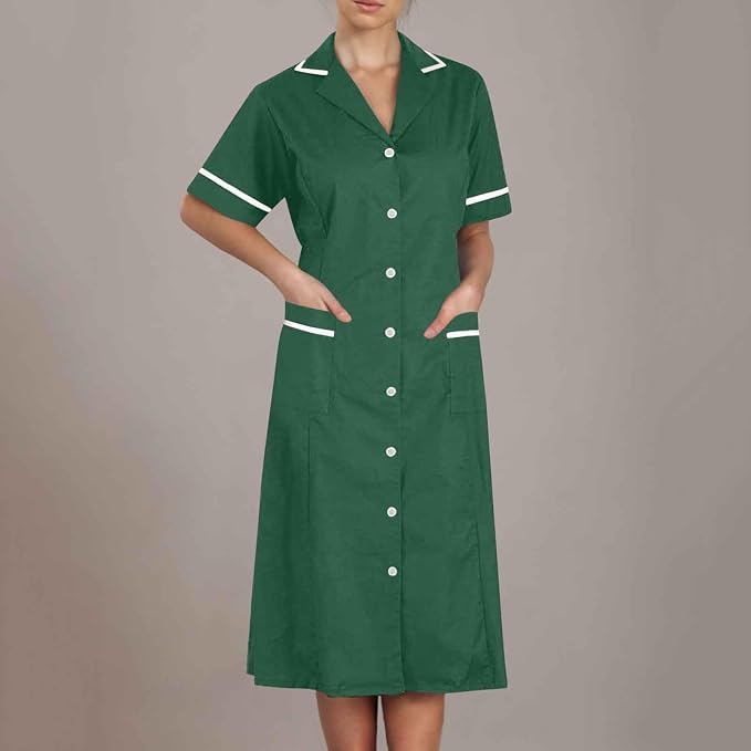 Women's Short Sleeve Work Dress Lapel Button Front Nursing Workwear Casual Housekeeping Scrubs Dress with Pockets