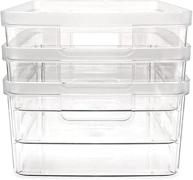 Isaac Jacobs 3-Pack Medium Clear Storage Bins (8” L x 10” W x 4.25” H) | Cutout Handles, Plastic Organizer for Home, Office, Kitchen, Fridge/Freezer, Bathroom, BPA Free, Food Safe (3-Pack, Medium)