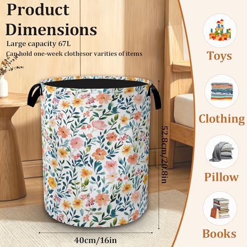 Vibrant Summer Floral Laundry Basket with Handles, Waterproof Foldable Laundry Hamper, Large Capacity Oxford Cloth Clothes Storage Basket for Bathroom Bedroom Dorm