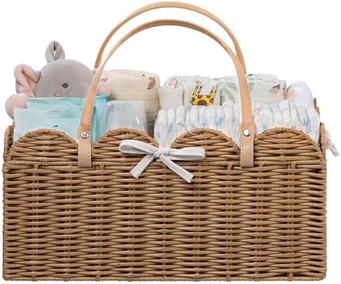 HBlife Baby Diaper Caddy Organizer, Large Portable Scalloped Plastic Wicker Woven Basket with Divider, Nursery Diaper Station, Baby Shower Gifts Basket, Car Organizer, Washable Waterproof
