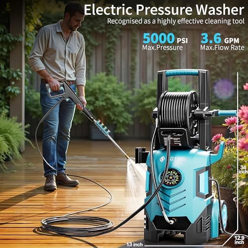 2026Upgraded Pressure Washer 5000PSI with Adjustable Touch Screen 8 Level, 34" Tall, 4 Quick Connect Nozzles,Inlet Hose&Filter&500mlFoam Cannon for Cars/Fences/Driveways/Home Cleaning, Green